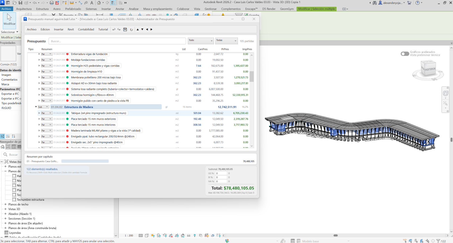 Presupuesto de Quantika junto al modelo 3D de una vivienda en Revit