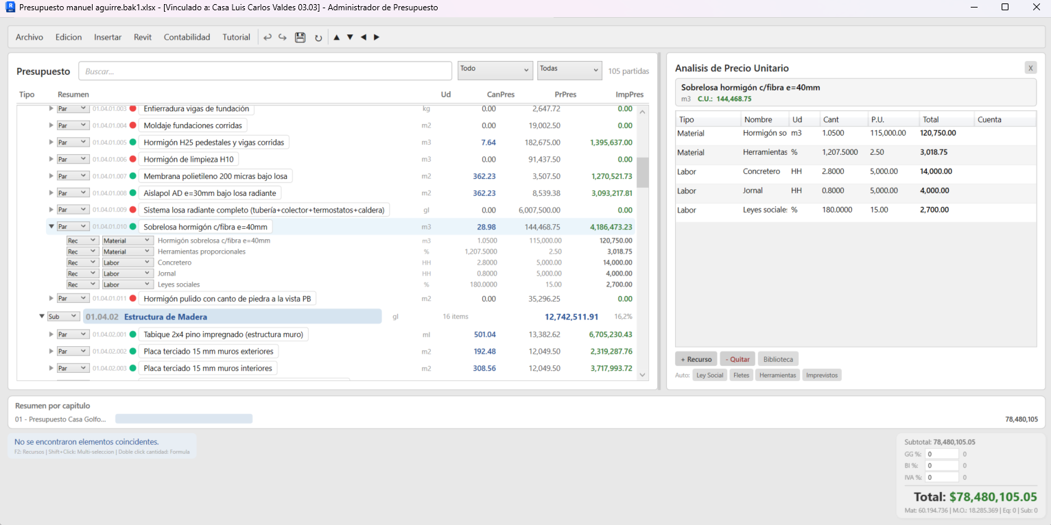 Editor de APU con recursos, cantidades, precios y costos de una partida